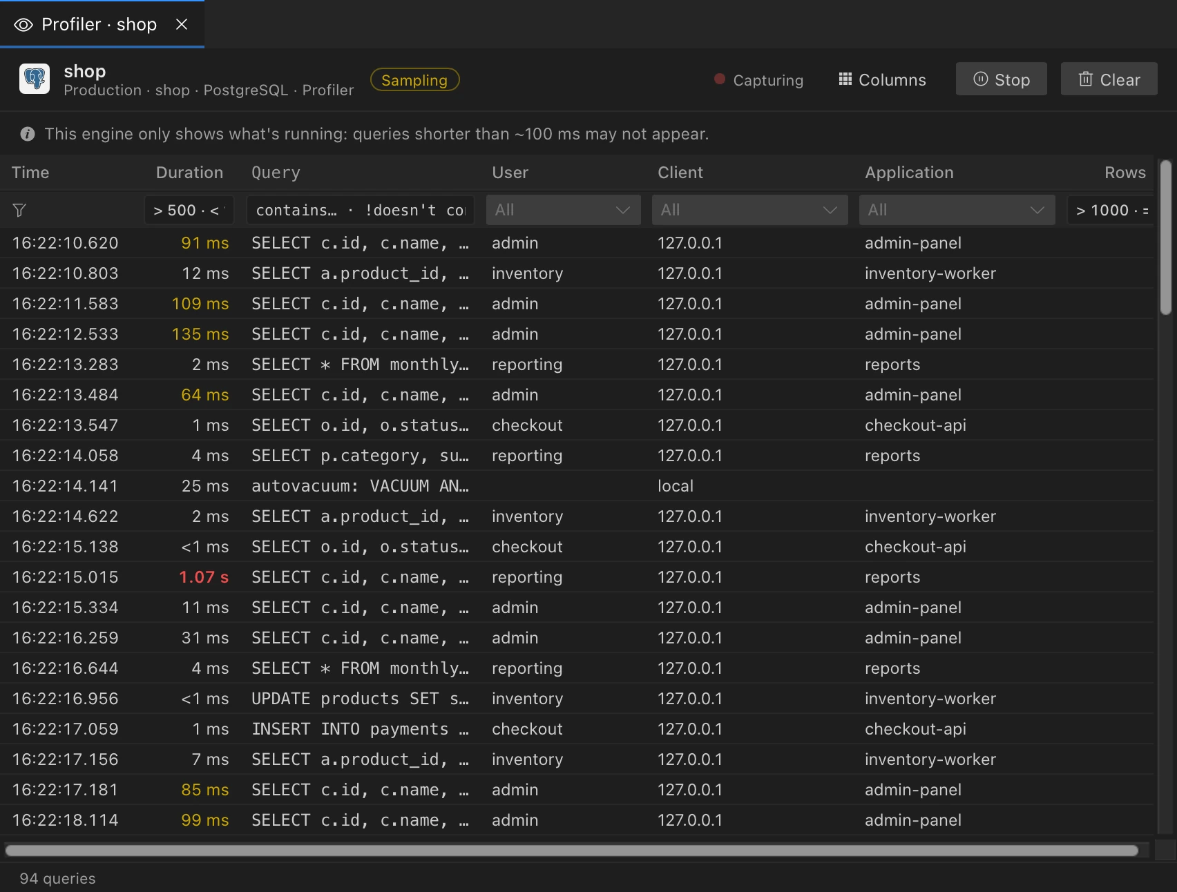 Profiler example with queries arriving live